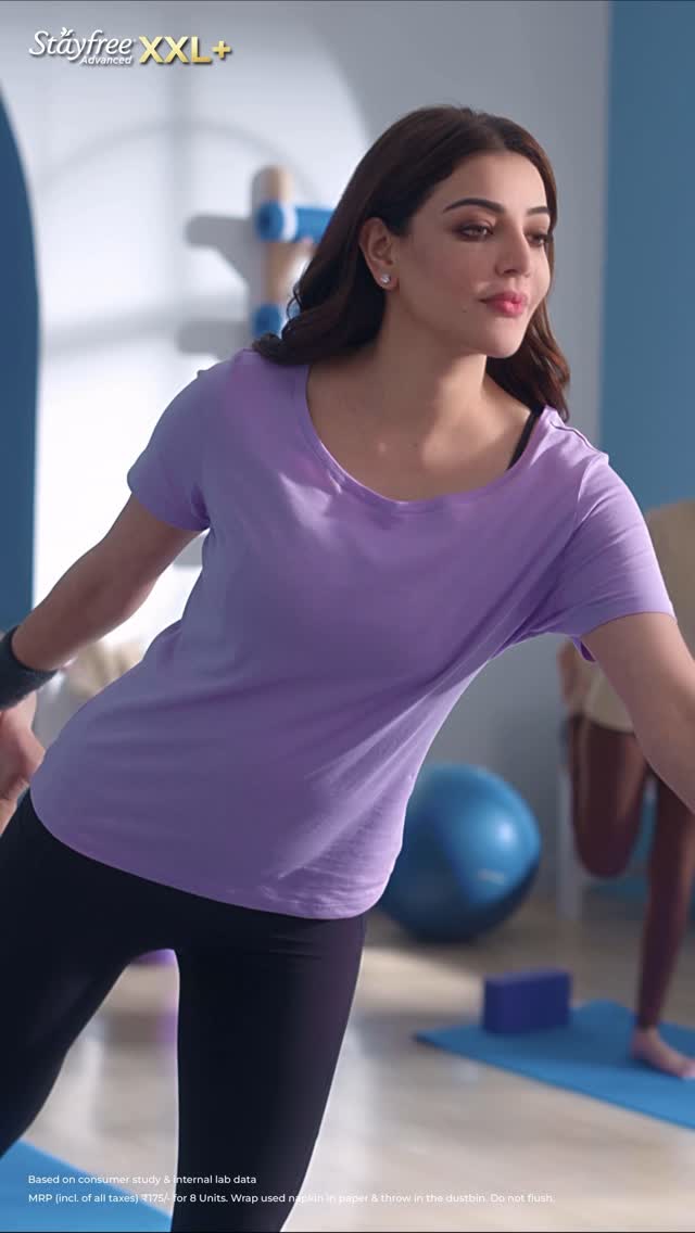 Instagram post by @kajalaggarwalofficial for Stayfree. Caption reads: From yoga mats to movie scripts I am always on the....