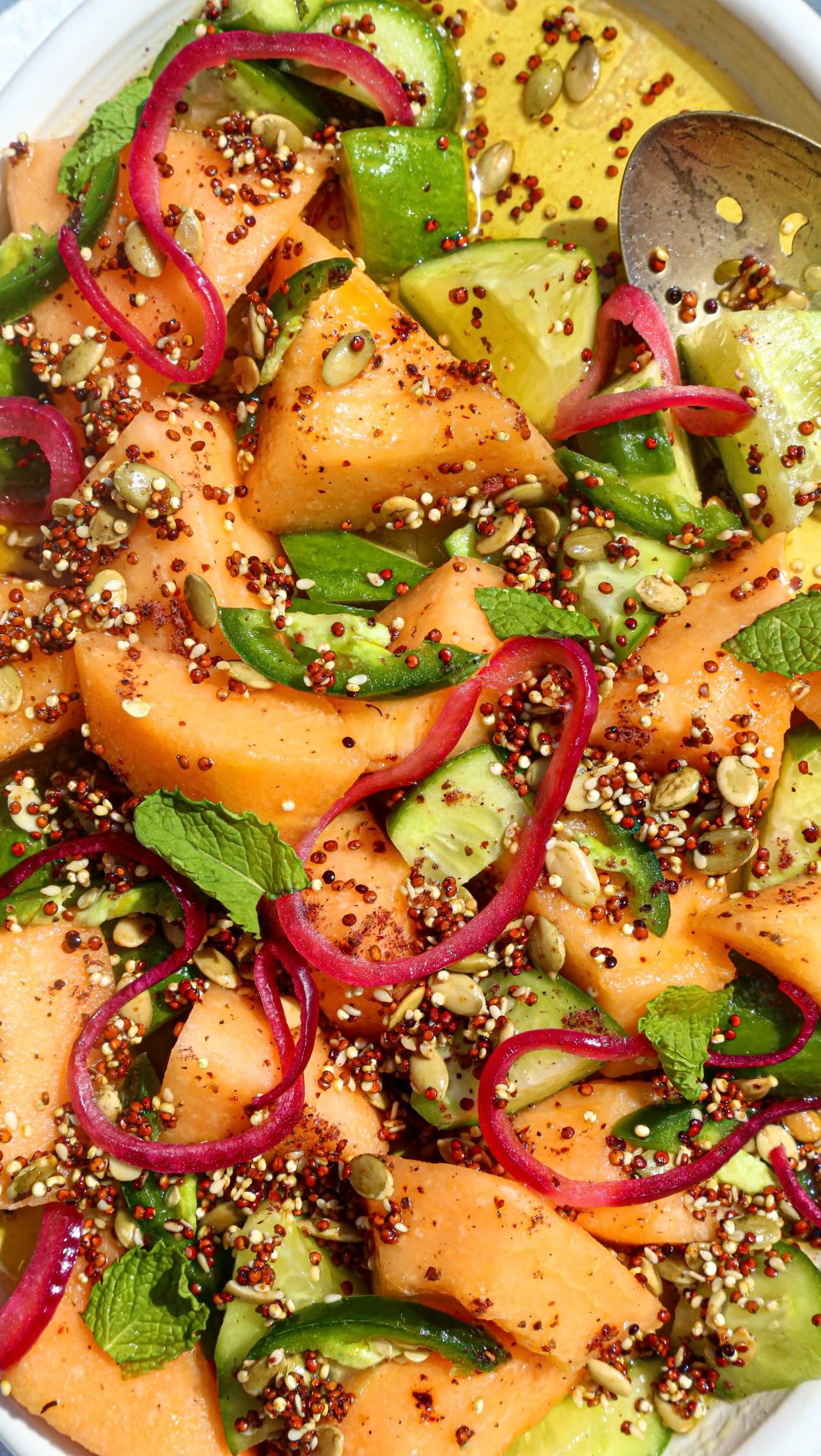 Instagram post by @emeraldcchan for Politics and Prose. Caption reads: Cantaloupe + cumber salad w/ crunchy quinoa topper....