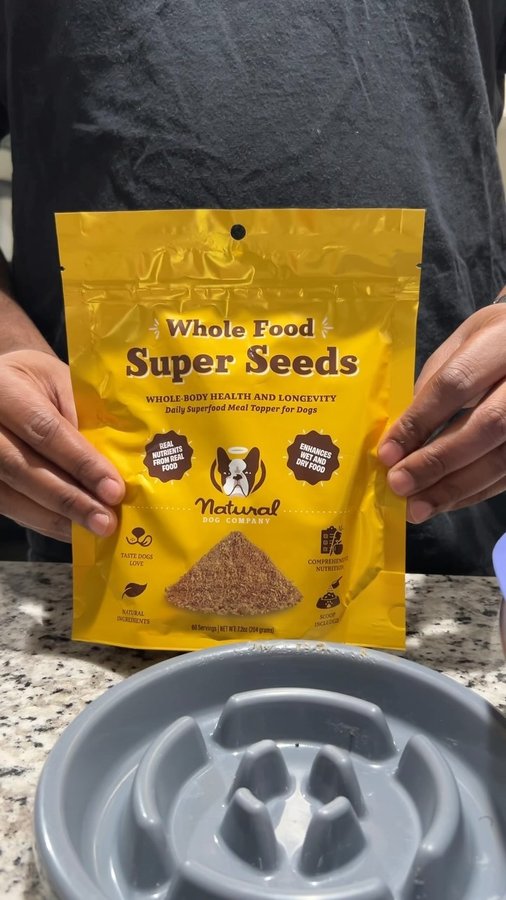 Instagram post by @jparkinsmusic for Natural Dog Company. Caption reads: Milo can’t get enough of the Super Seeds....