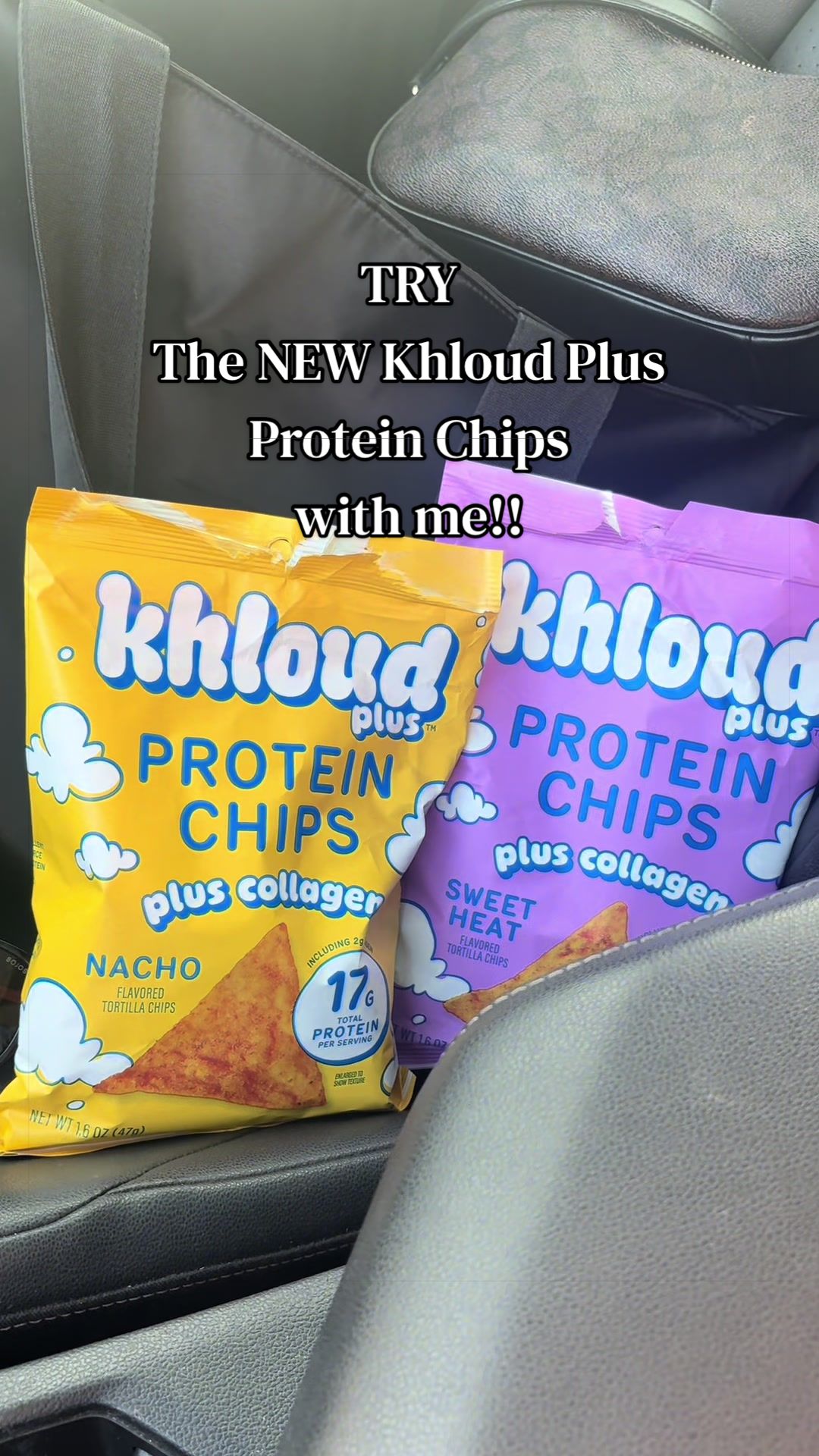 TikTok post by @adelineclairr for Khloud. Caption reads: COME TRY THE NEW KHLOUD PLUS PROTEIN CHIPS....
