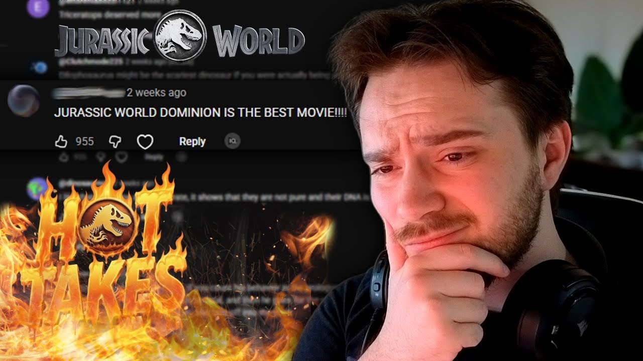 YouTube post by @SwrveYT for G FUEL. Caption reads: YOUR HOT TAKES ABOUT THE JURASSIC WORLD MOVIES!.