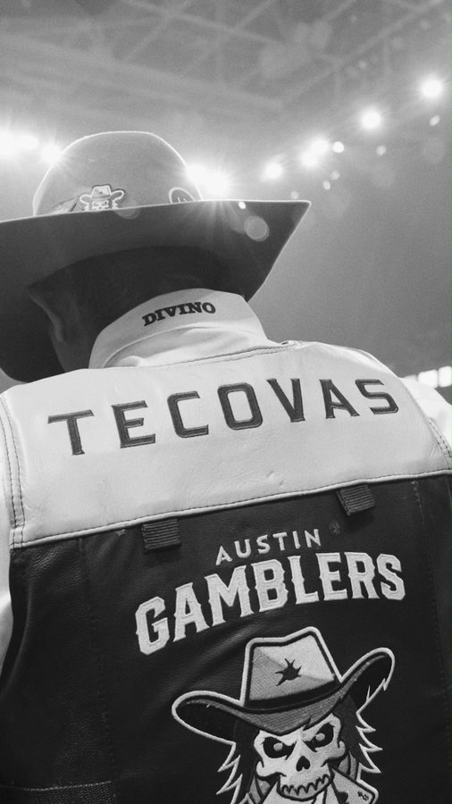 Instagram post by @austin_gamblers for Tecovas. Caption reads: [...] his ride. Brought to you by @tecovas.