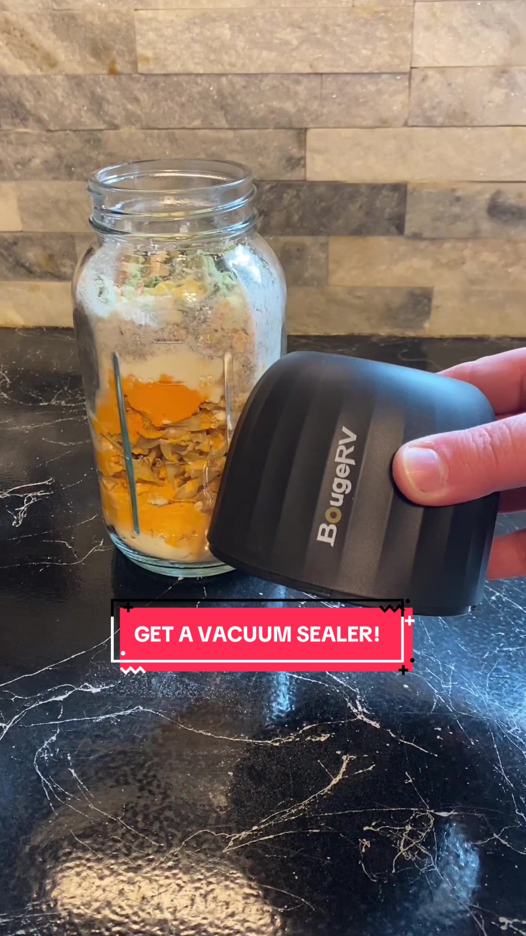TikTok post by @madmealsinajar for BougeRV. Caption reads: [...] stale! Keep everything fresh with the....