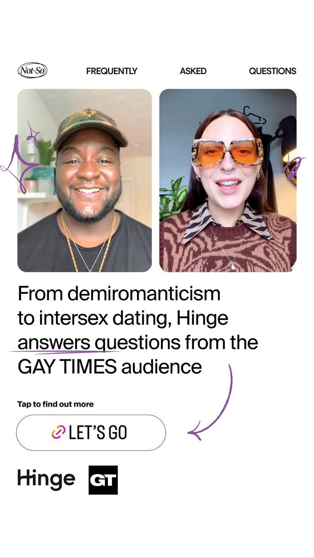 Instagram post by @inter_sexy for GAY TIMES. Caption reads: I answered a @hinge x @gaytimes....