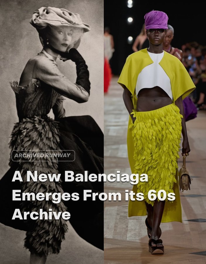 Instagram post by @archivedrunway for Balenciaga. Caption reads: A new Balenciaga emerges from its 50s-60s....