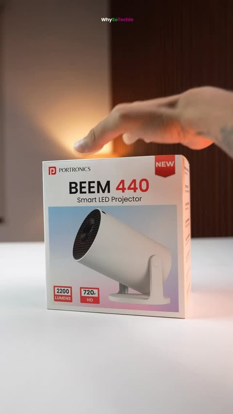 Instagram post by @whysotechie for Portronics. Caption reads: Youtube Gift 🔥 Portronics Beam 440 Projector....