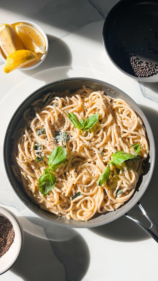 Instagram post by @thespicyventures for Anolon. Caption reads: [...] pasta dish?  I am partnering with @anolon to....