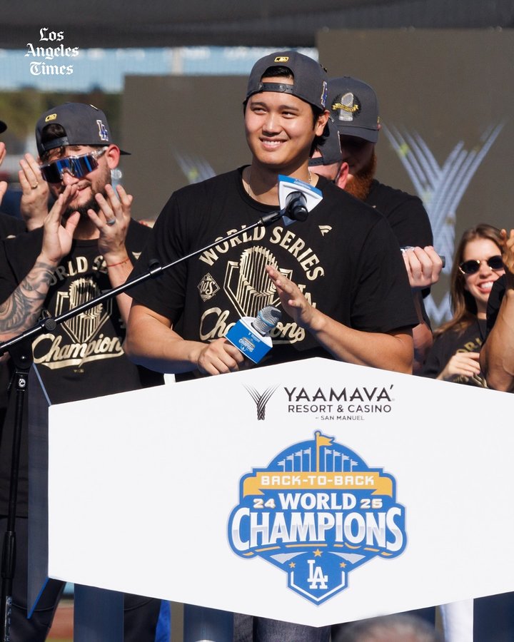 Instagram post by @latimes_sports for Los Angeles Times. Caption reads: The Dodgers celebrated back-to-back World Series....