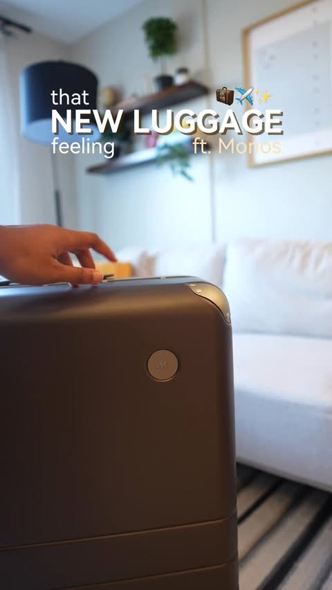 Instagram post by @almaasinobi for Monos. Caption reads: ASMR luggage unboxing + pack with me ft....