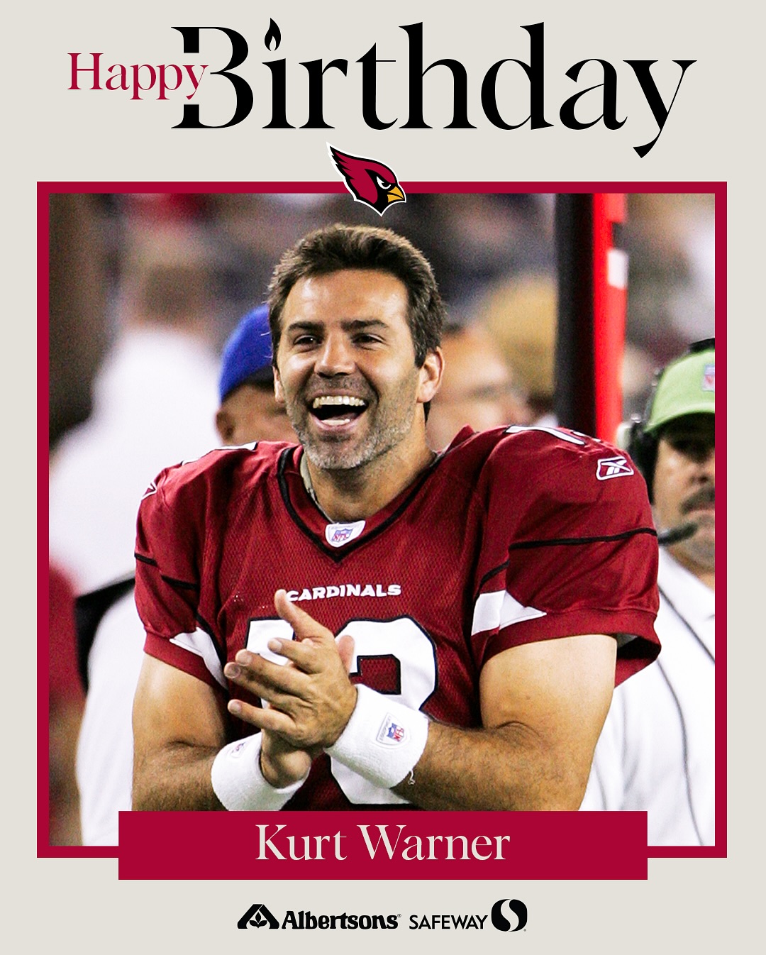 Instagram post by @azcardinals for Albertsons. Caption reads: There is only one Kurt Warner. Happy Birthday to....
