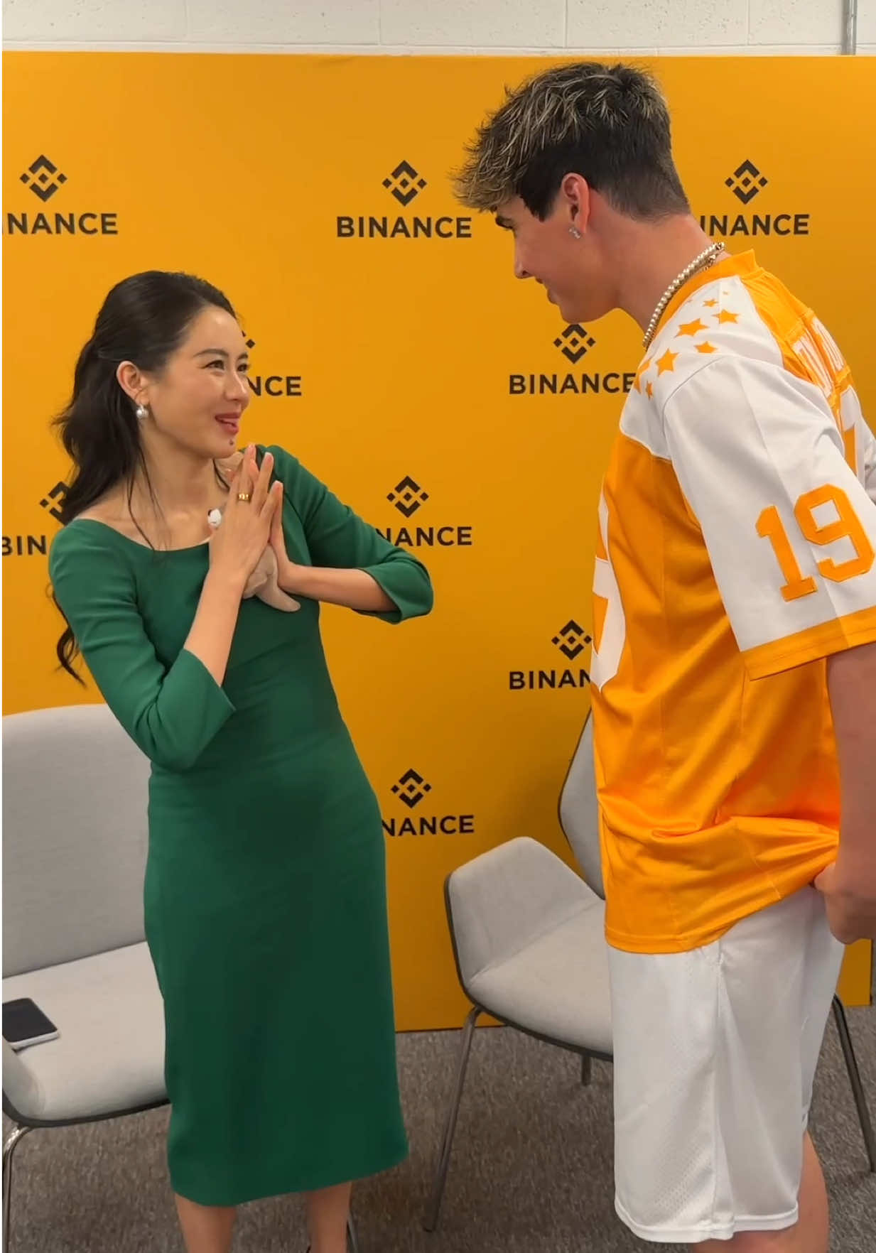 TikTok post by @fonziegomez for Binance. Caption reads: Yi He co-founder @Binance , billionaire, and....