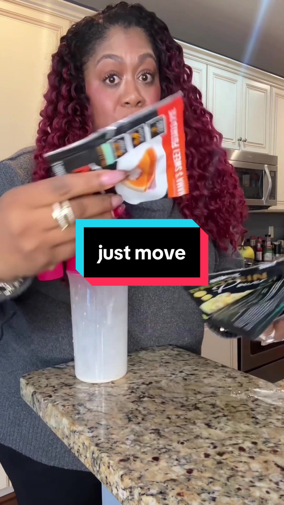 TikTok post by @plussizeandbossy for Just Move Supplements. Caption reads: Replying to @amylynnvayens 🧁 this takes exactly....