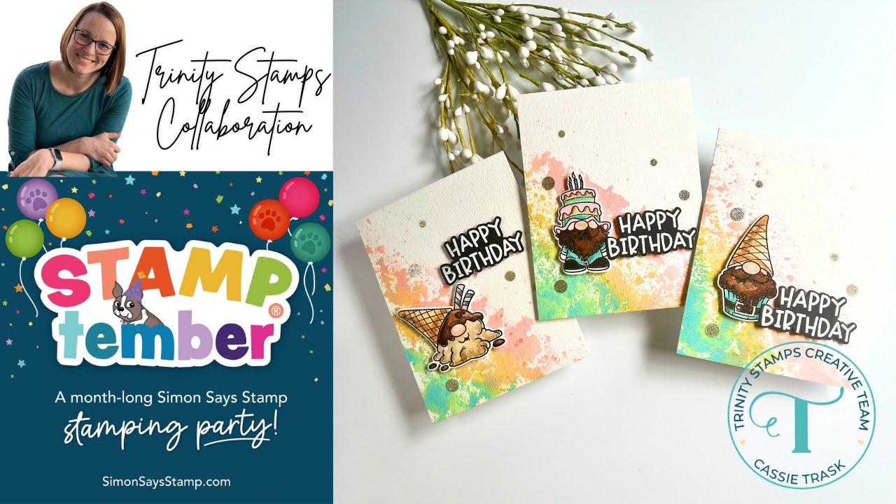 YouTube post by @cassietrask for Ranger Ink. Caption reads: Stamptember 2025 -- Trinity Stamps Collaboration.