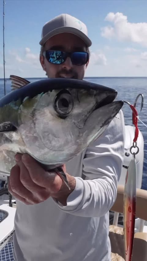 Instagram post by @captnickstanczyk for Mustad Fishing. Caption reads: Blackfin Tuna on the “NickStick” while dropping....