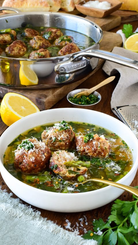 Instagram post by @zimmysnook for Hestan Culinary. Caption reads: Spring Herb Chicken Meatballs with Lemon Orzo....