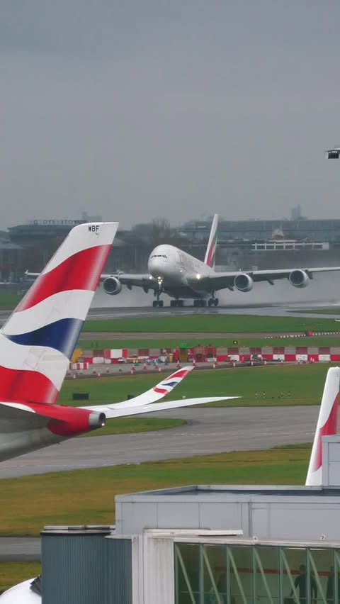 Instagram post by @elemer.aviation for Emirates. Caption reads: Emirates Airbus A380 Rainy Takeoff!....