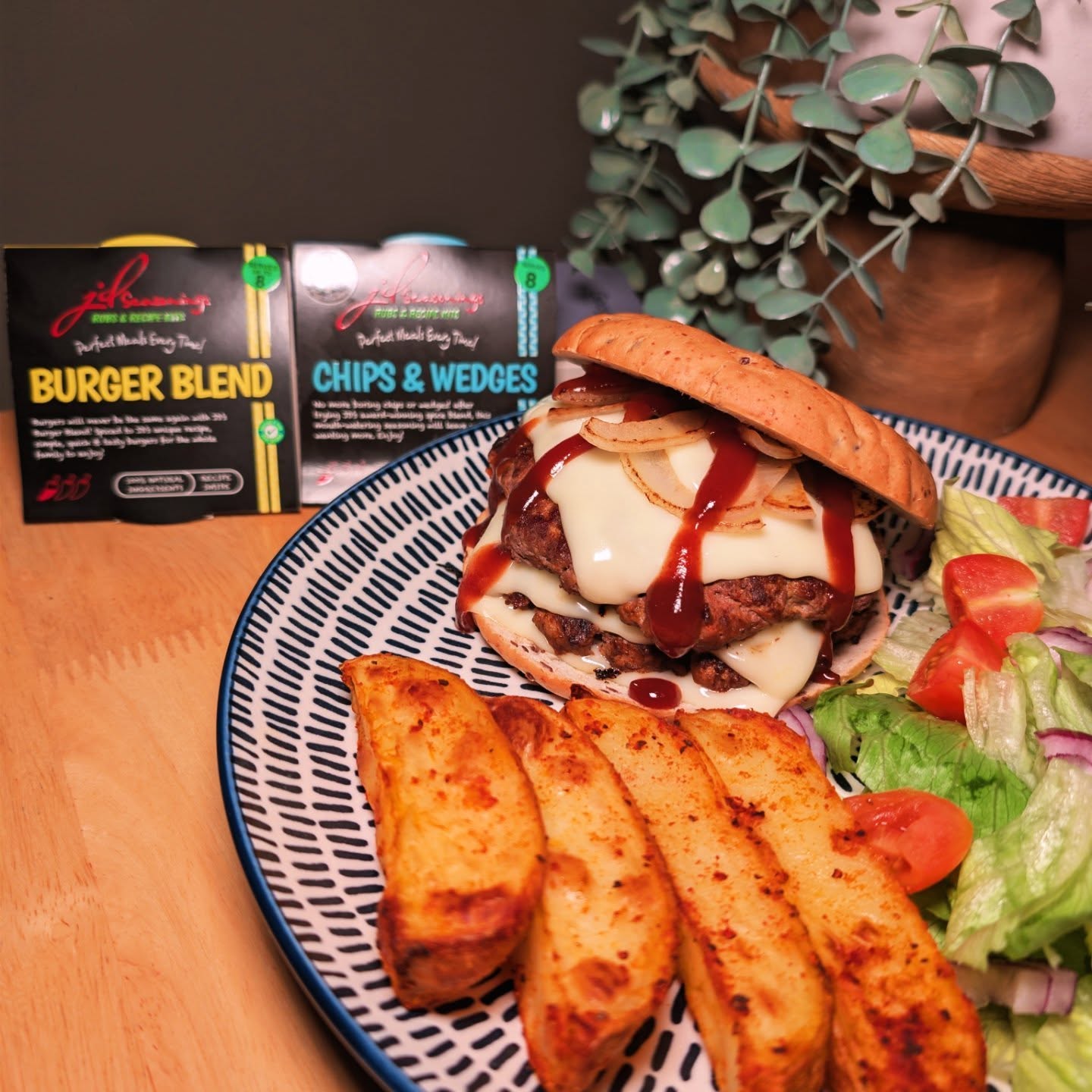 Instagram post by @its_never_too_late_to_restart for JD SEASONINGS. Caption reads: [...] burgers and chips using the @jdseasonings....