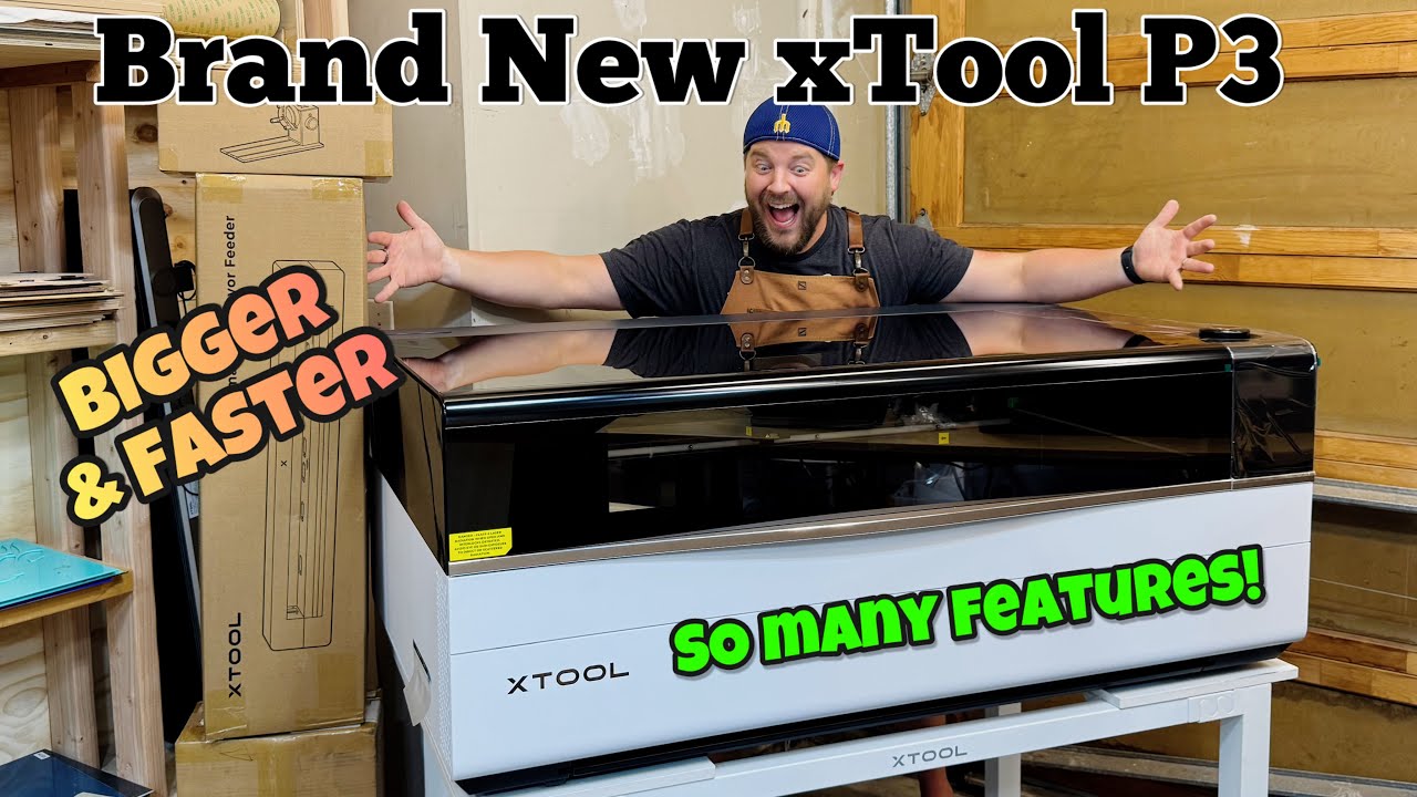 YouTube post by @SixEightWoodworks for xTool. Caption reads: [...] new P3 here: #lasercutter #xtool....