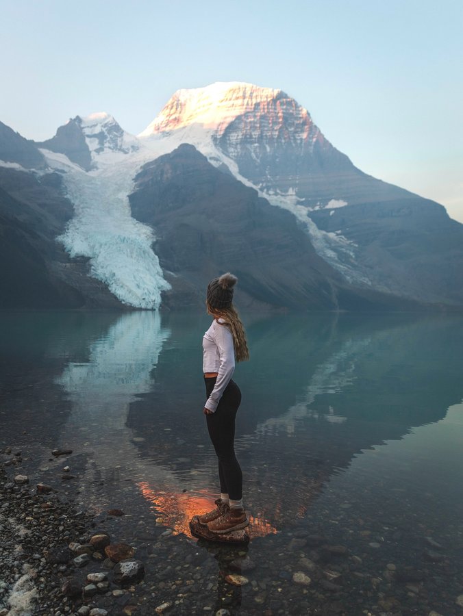 Instagram post by @mddyelrck for Danner. Caption reads: 📍 Berg Lake in Mount Robson Provincial Park....