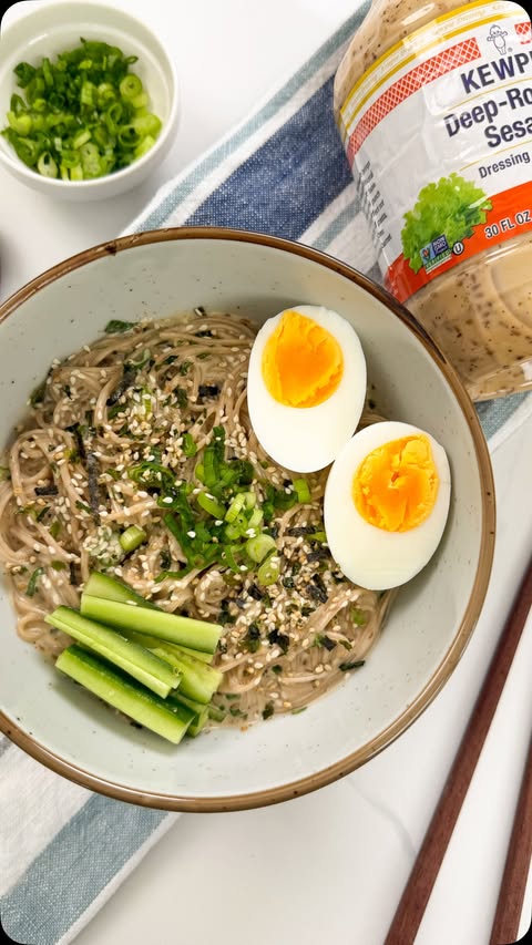 Instagram post by @hermanathome for Kewpie. Caption reads: #ad KEWPIE DEEP-ROASTED SESAME SOBA NOODLES Did....