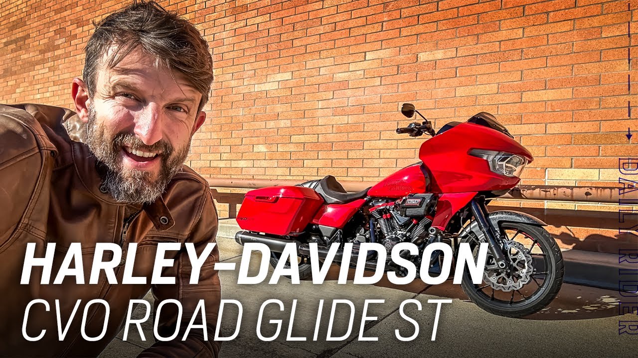 YouTube post by @RevZilla for Progressive. Caption reads: 2025 Harley-Davidson CVO Road Glide ST Review |....