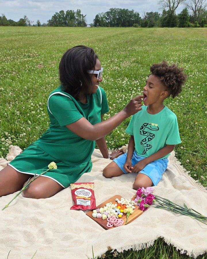 Instagram post by @addieplusthree for The Popcorn Factory. Caption reads: Butter believe it, we are popping off the day with....