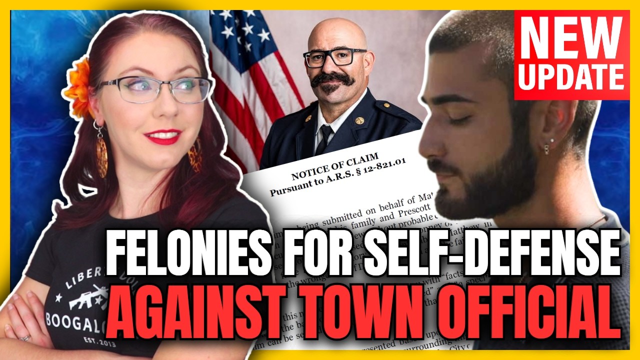 YouTube post by @LibertyDoll for AvantLink. Caption reads: NEW UPDATE: Felonies for Self-Defense Against Town....