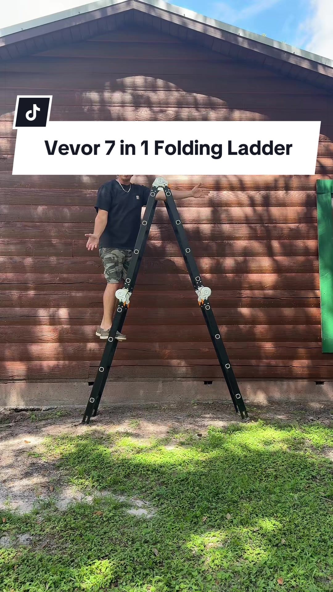 TikTok post by @outdoor.laboratory for Vevor Outdoor Store US. Caption reads: This Vevor 7 in 1 folding ladder can handle any....
