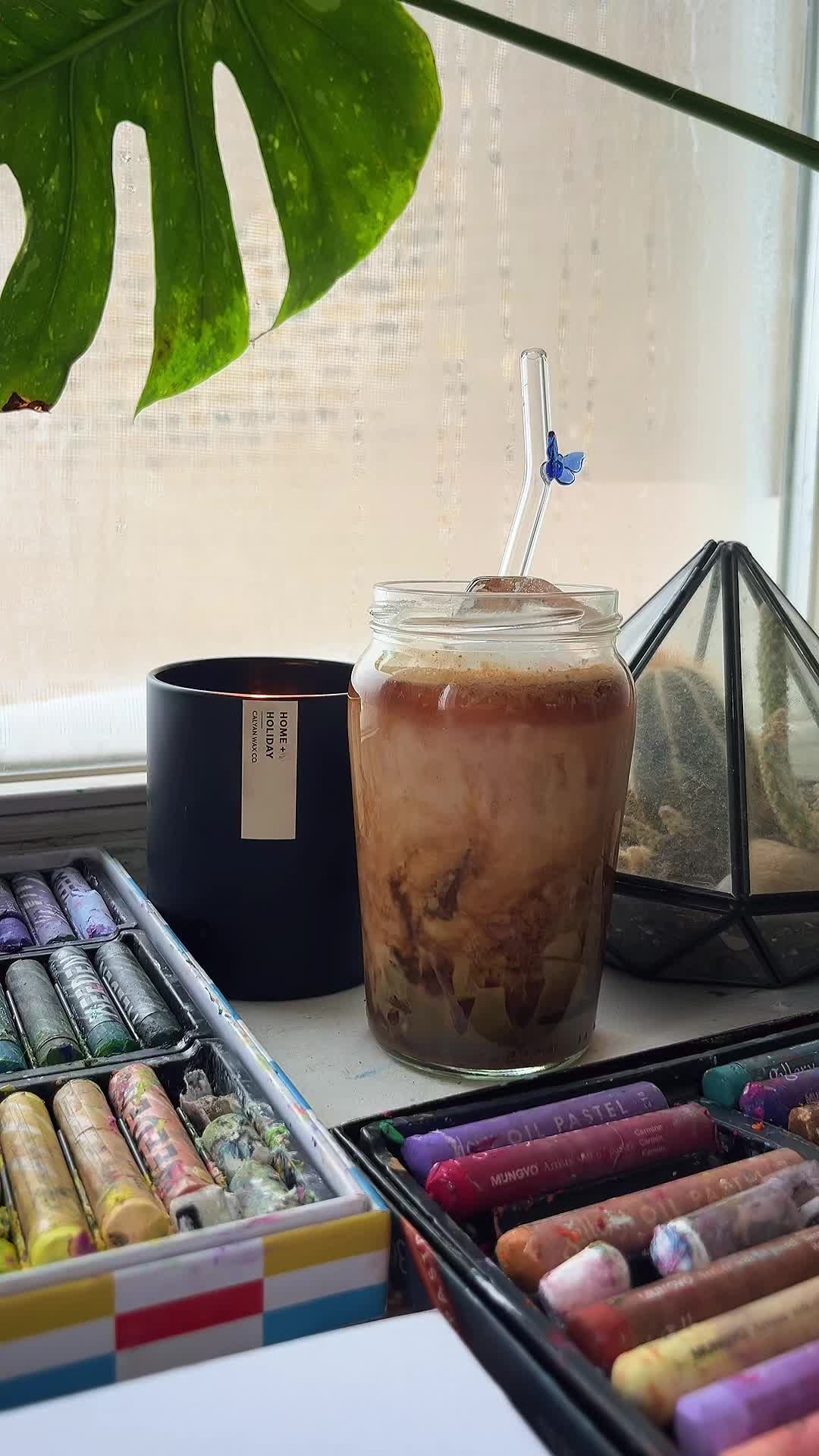 TikTok post by @witchmxm for Javy Coffee. Caption reads: drawing 🤝 coffee #oilpastel #proteincoffee....