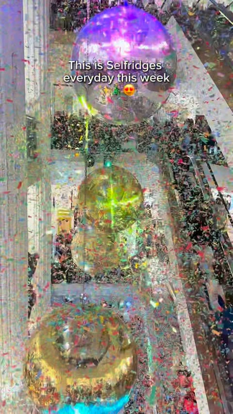 Instagram post by @exploringlondon for Selfridges. Caption reads: The amazing confetti spectacle is back at....