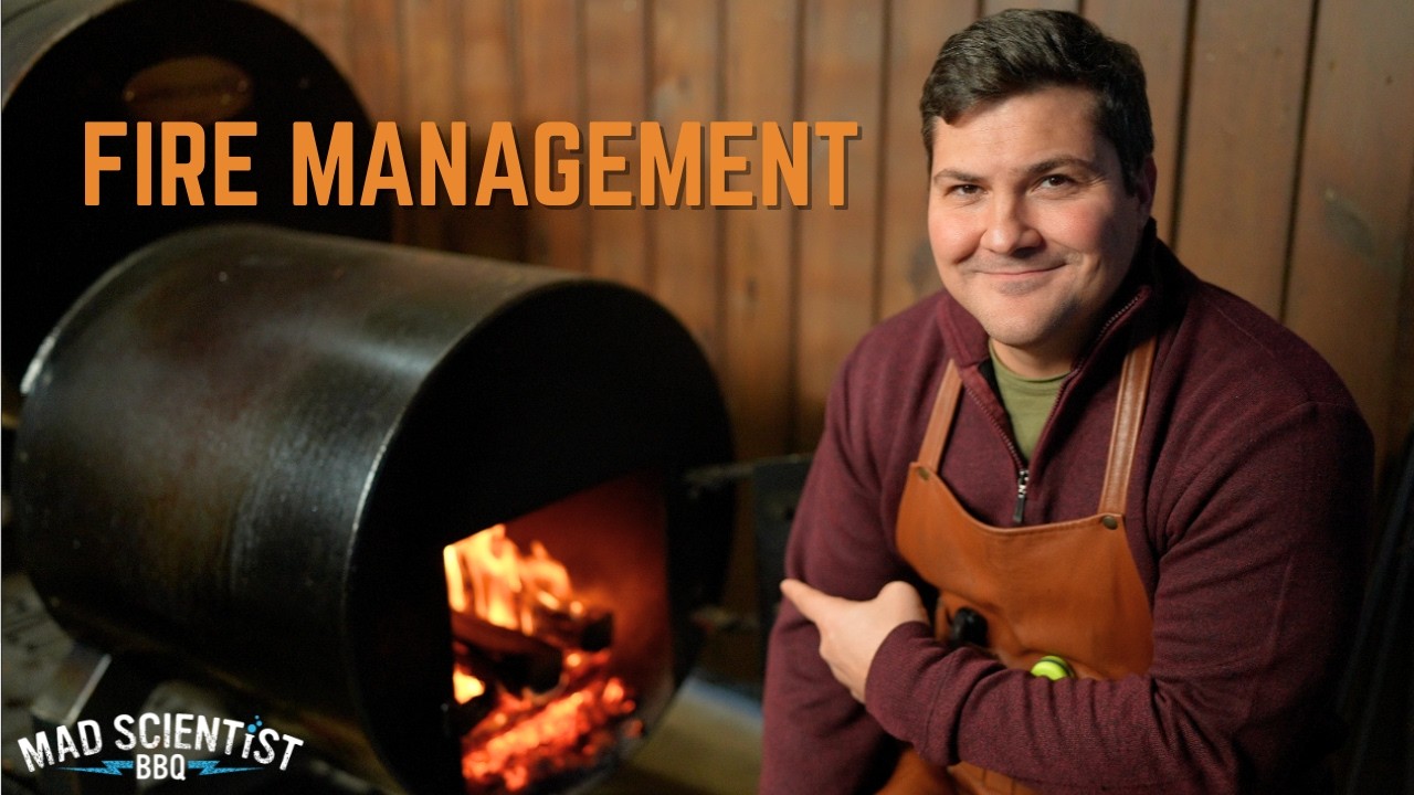 YouTube post by @MadScientistBBQ for Grüns. Caption reads: How to Manage Your Smoker Fire.