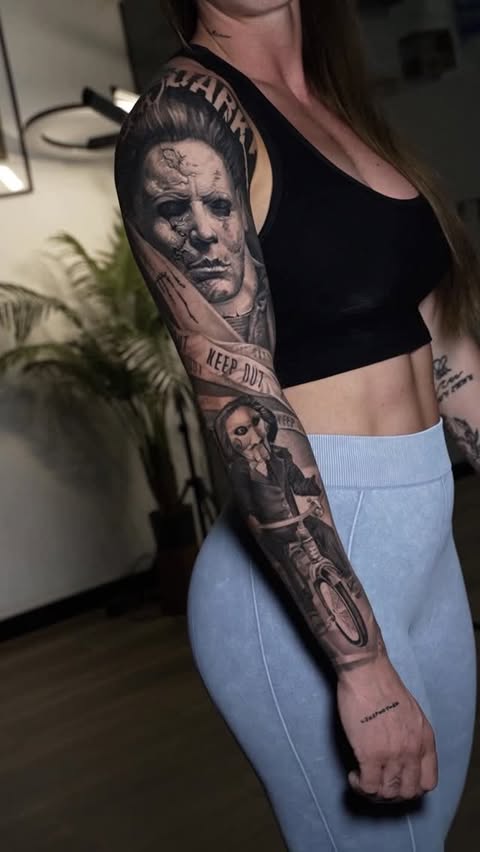 Instagram post by @franky_lozano for EZ Tattoo Supply. Caption reads: TORROR MOVIE SLEEVE 🎬 — HEALED Mi clienta buscaba....