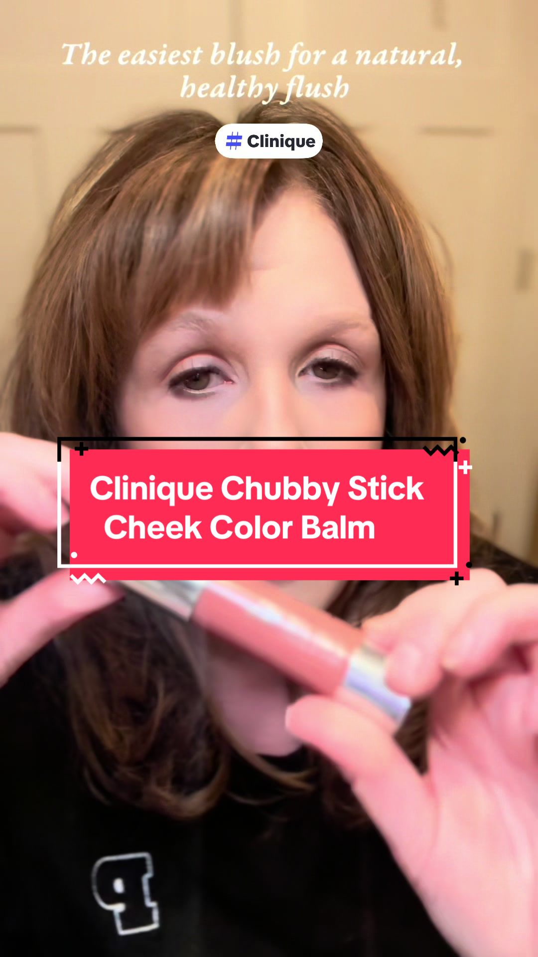 TikTok post by @theglamourbelle for Clinique. Caption reads: [...] This Clinique Chubby Stick Balm blush in....