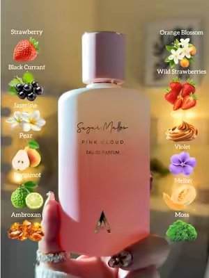 TikTok post by @gabbyfragrances for Atralia Perfumes. Caption reads: [...] Sugar Mallow Atralia Perfume🍓🌸@ATRALIA....