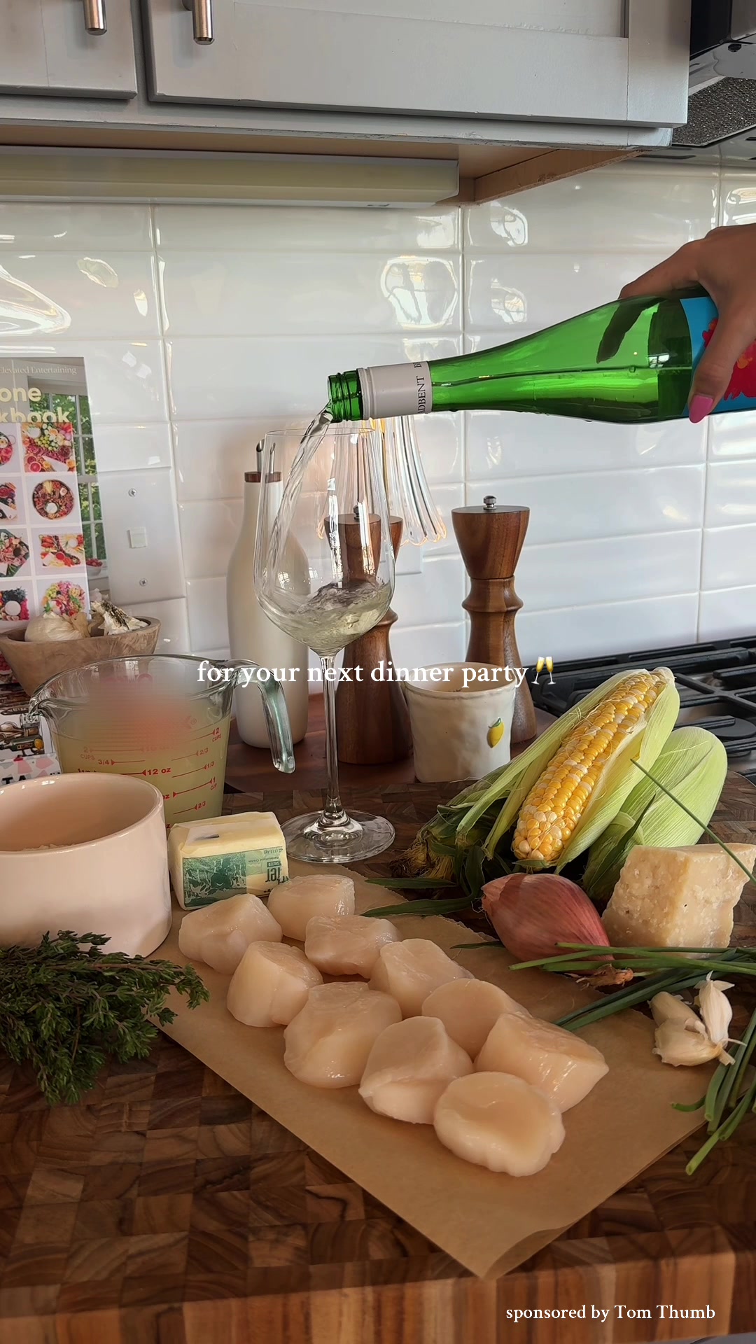 TikTok post by @thekitchenistblog for Safeway. Caption reads: #TomThumbPartner Seared scallops over corn....