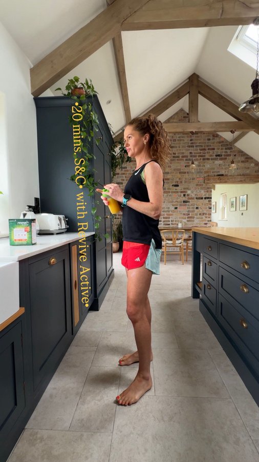 Instagram post by @carolinehassett_ for Revive Active. Caption reads: #AD A quick little runner’s S&C with....