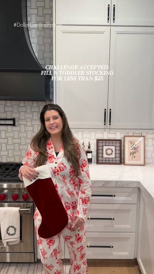 Instagram post by @thekatiebeach for Dollar General. Caption reads: Challenging myself to fill a toddler stocking for....