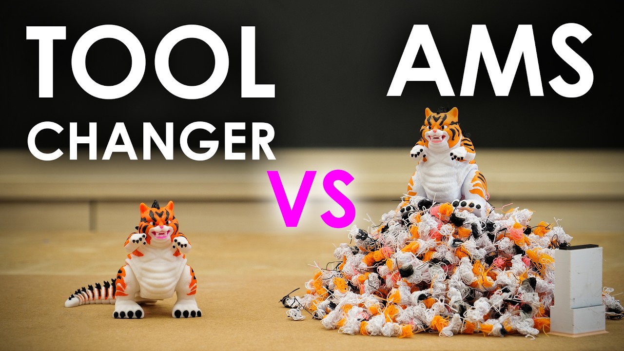 YouTube post by @CNCKitchen for Thingiverse. Caption reads: X1 vs XL: AMS vs Toolchanger - What's better?.
