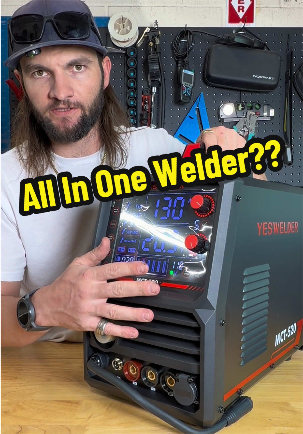 TikTok post by @kuntzfabrication for YesWelder® Official. Caption reads: A multi-process machine for this price is pretty....