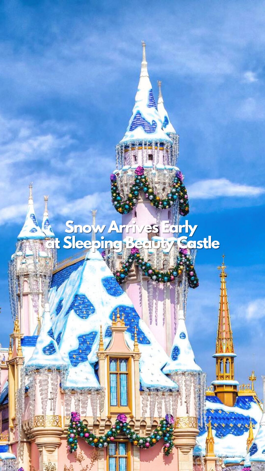 Instagram post by @mickeyvisit for Visit Anaheim. Caption reads: 🚨❄️Snow arrived at Disneyland on Sleeping Beauty....