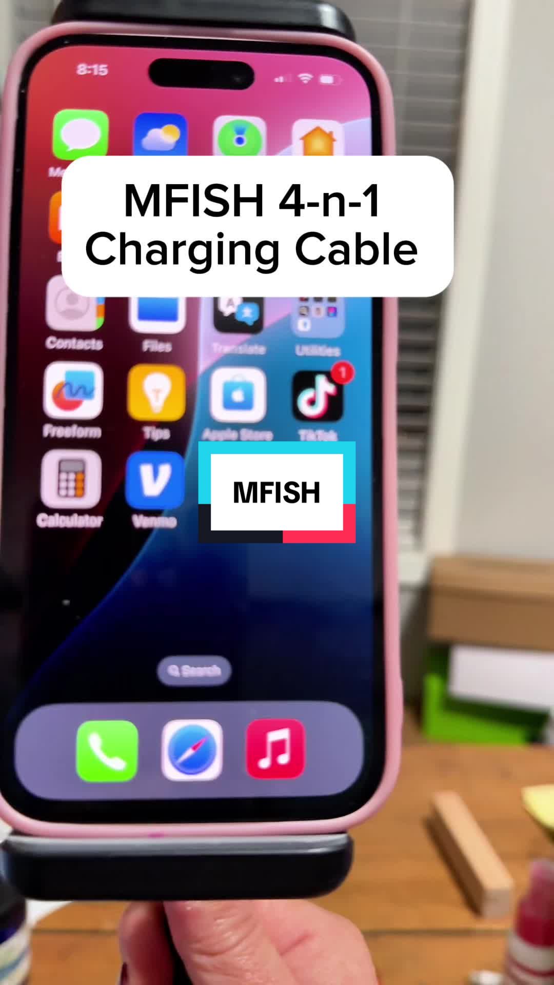TikTok post by @justmeteresa1 for MFish Tech. Caption reads: #4in1chargingcable #mfishtech....