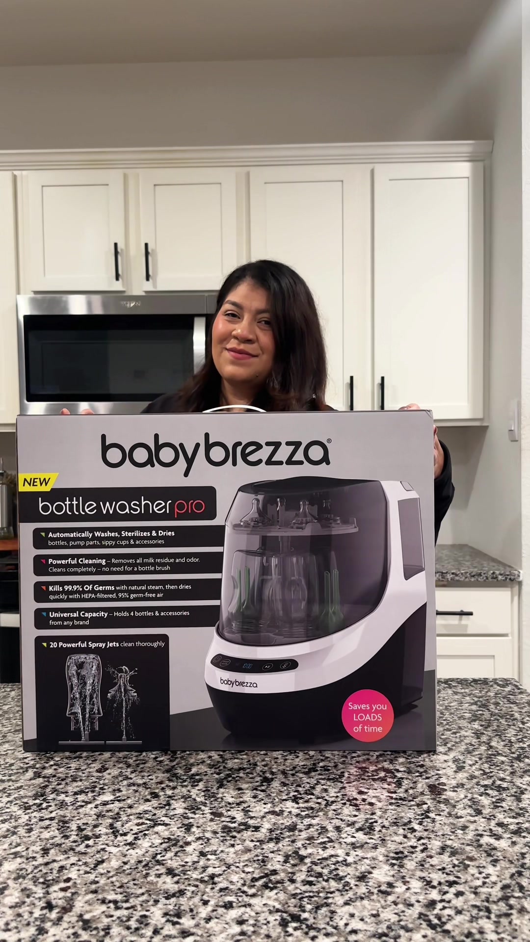 TikTok post by @vbianca037 for Baby Brezza. Caption reads: @Baby Brezza Mama of 3 here, and I'm obsessed with....