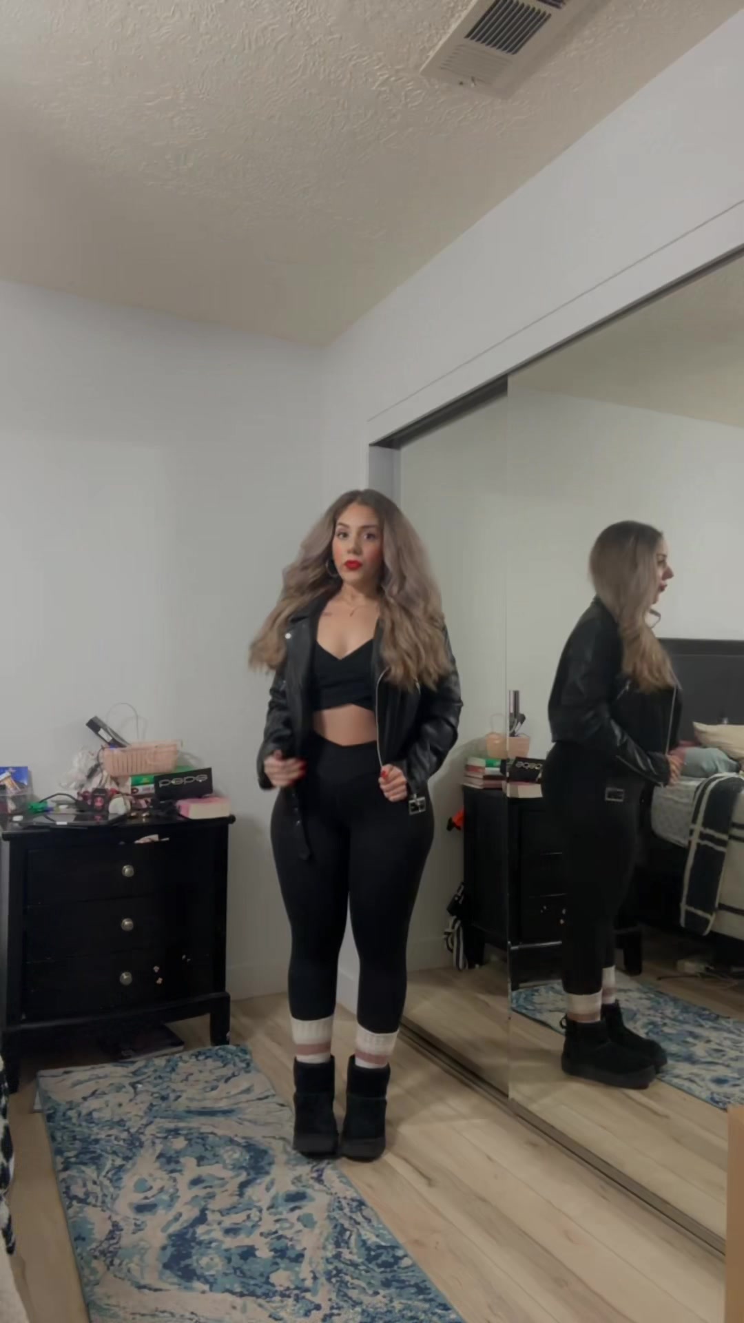 TikTok post by @xoxojulissaaa for Aerie. Caption reads: Leather jackets have a chokehold on me rn 🫶....