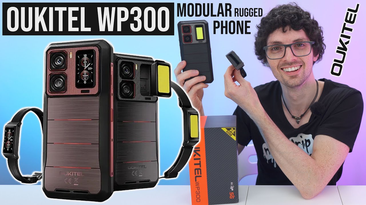 YouTube post by @TechMagnet for OUKITEL. Caption reads: 2025's Best Modular Rugged Phone! - Oukitel WP300....