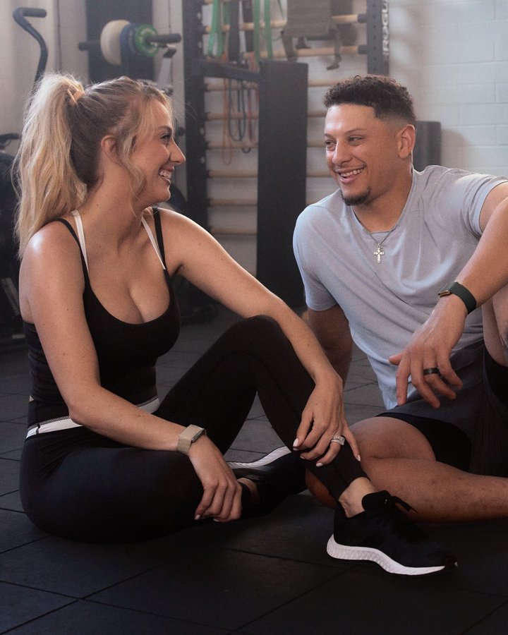 Instagram post by @patrickmahomes for WHOOP. Caption reads: Patrick 🤝 Brittany 🤝 WHOOP. New His & Hers....