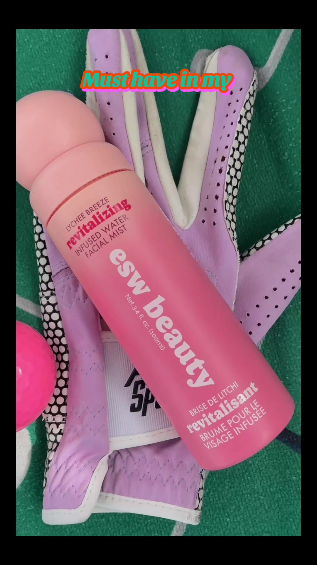 TikTok post by @enandez06 for ESW Beauty. Caption reads: For all golf girlys! This @ESW Beauty spray is a....