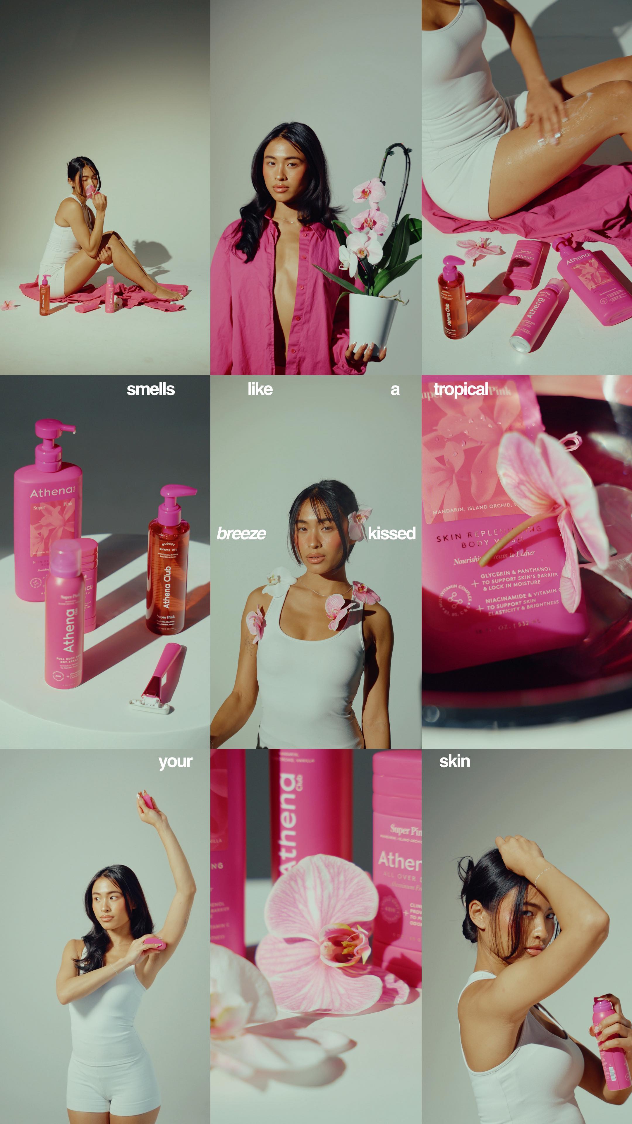 Instagram post by @roshelleflores_ for Athena Club. Caption reads: [...] pink line up of my dreams 🌺🧴🫧 @athenaclub....