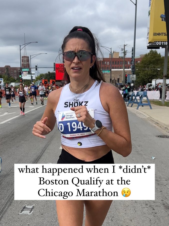 Instagram post by @trackclubbabe for Mizuno USA. Caption reads: 🚨EVERYTHING THAT HAPPENED WHEN I DIDN’T BOSTON....