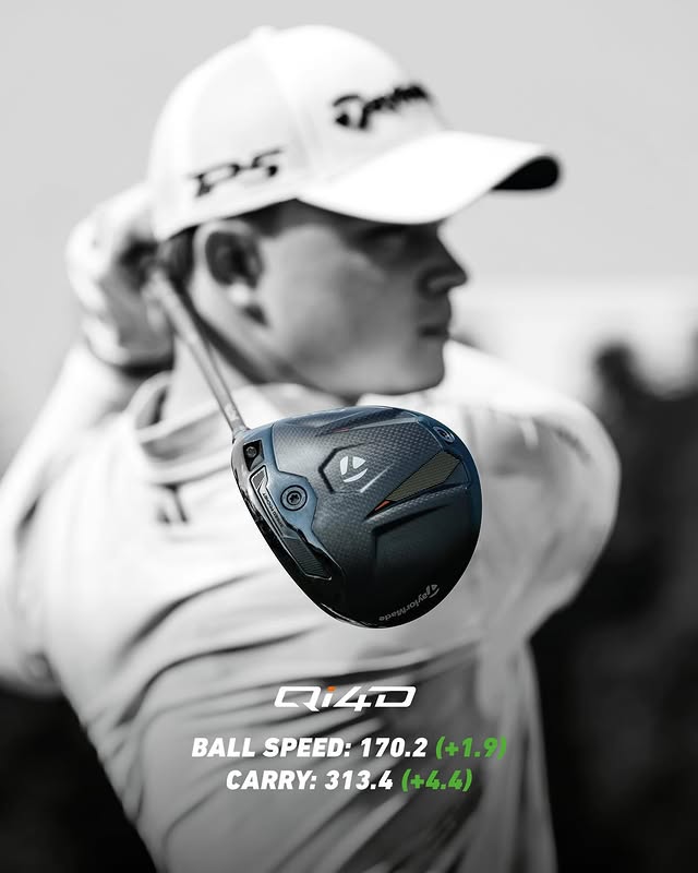 Instagram post by @schaper15 for TaylorMade Golf. Caption reads: Speed that wins. Qi4D LS helped me unlock +1.9 mph....