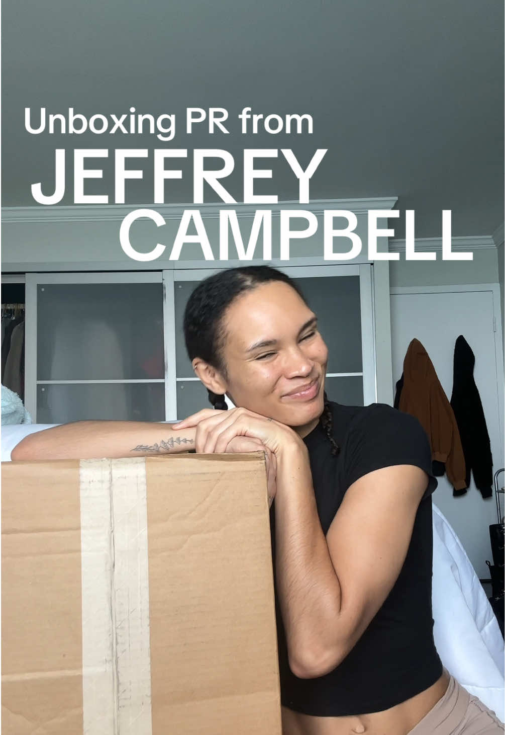 TikTok post by @n_song_ for Jeffrey Campbell Shoes. Caption reads: The way I RAN to the mail room lawwwwwd my dream....